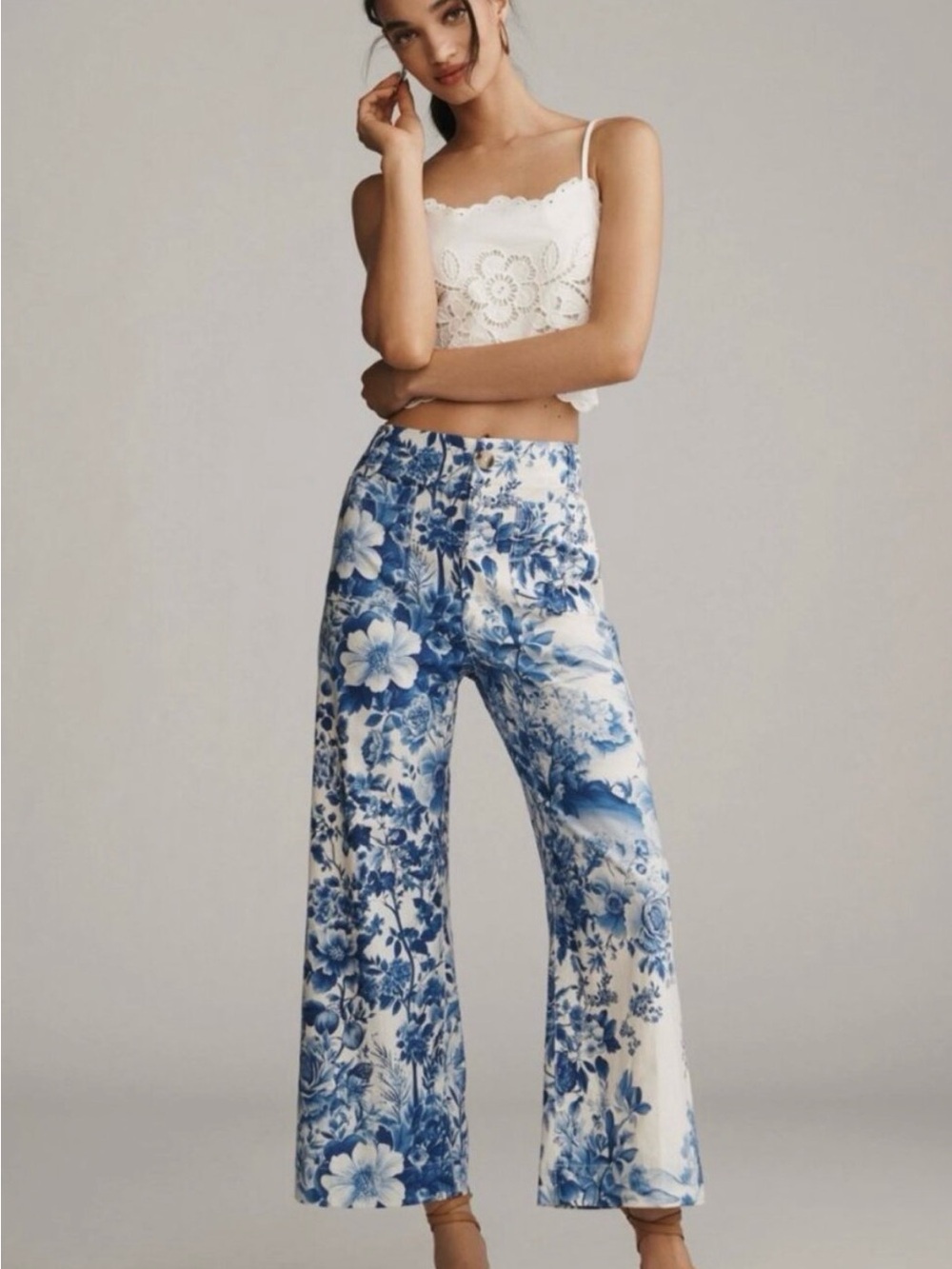 Maeve Colette Linen Blend High-Rise Wide-Leg Cropped Pants Blue Floral Flowers